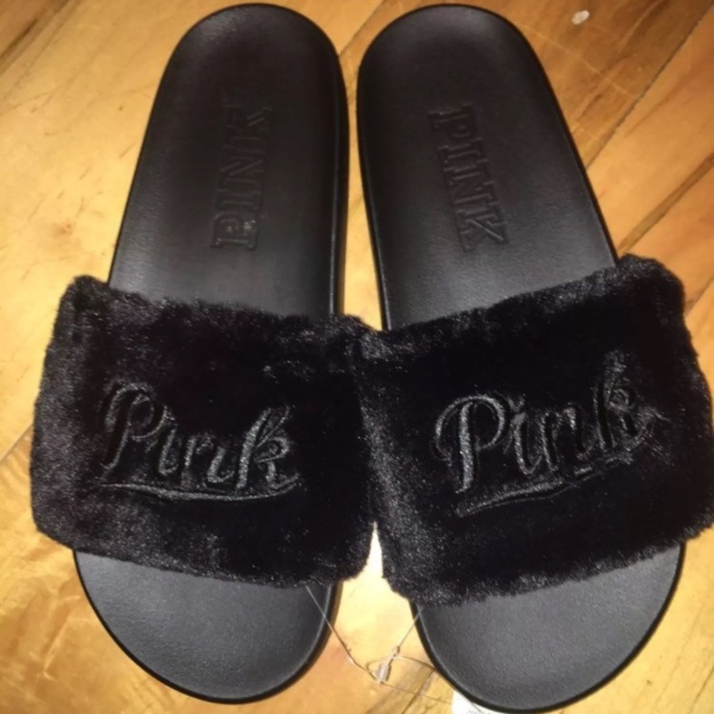Victoria's Secret pink Faux Fur slides